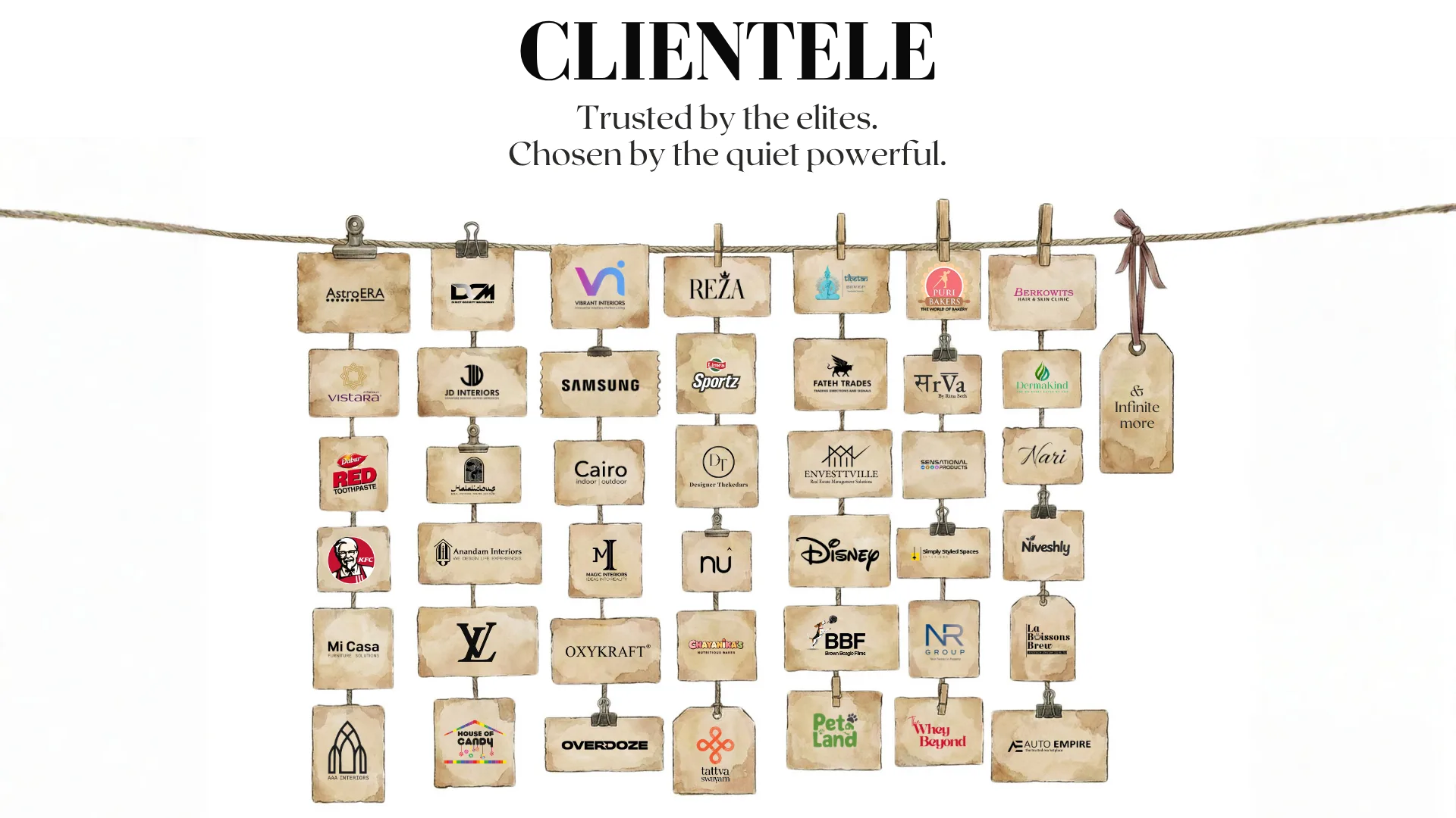 Home | Mogedochi Clientele logos of brands including Samsung, Disney, KFC, Louis Vuitton, Vistara, Dabur Red, Puri Bakers, Berkowits, NR Group, House of Candy, and multiple interior, lifestyle, and wellness brands trusted by Mogedochi.